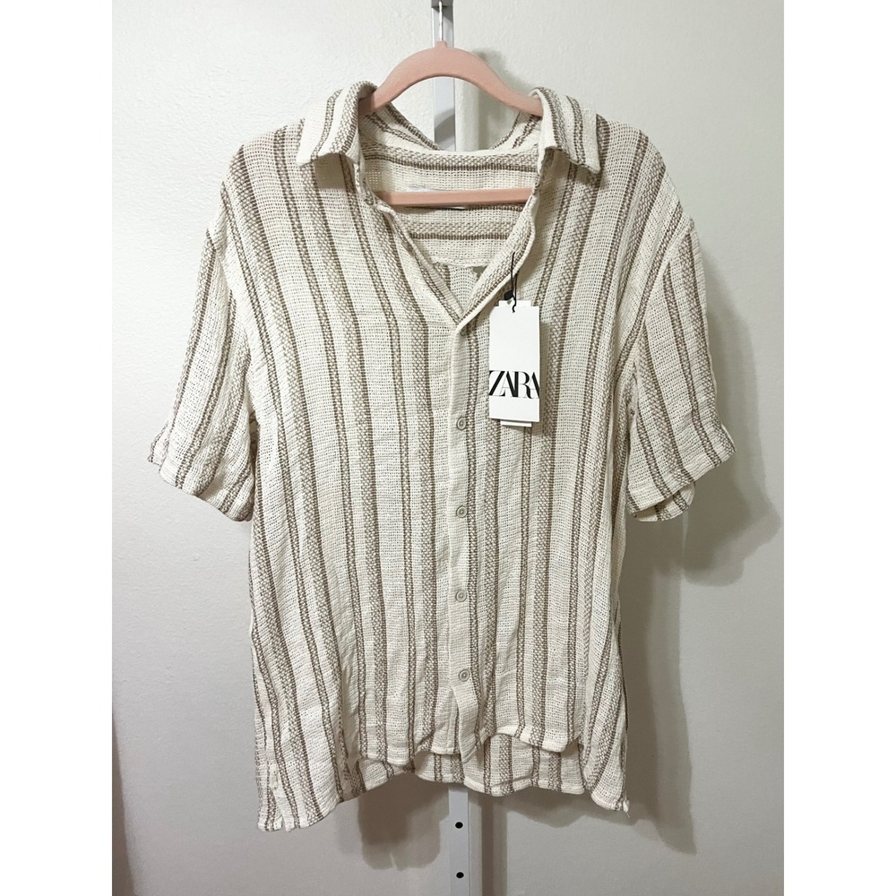 NWT Zara Button Down Shirt Mens Medium Cream Tan Striped Textured Short Sleeve